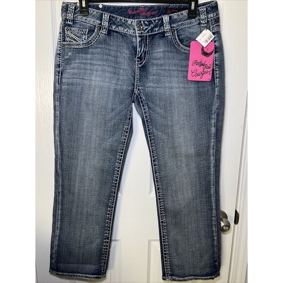 Rock And Roll Cowgirl Crop Jeans NWT Womens 34 Medium Wash Low Rise Rhinestones - Picture 1 of 14
